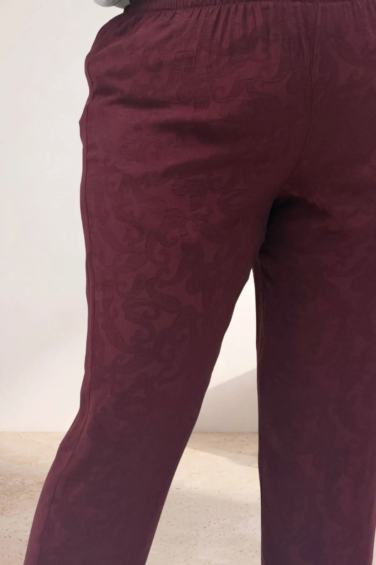 69016 Büyük Beden Beli Lastikli Cepli Jakar Pantolon - Bordo
