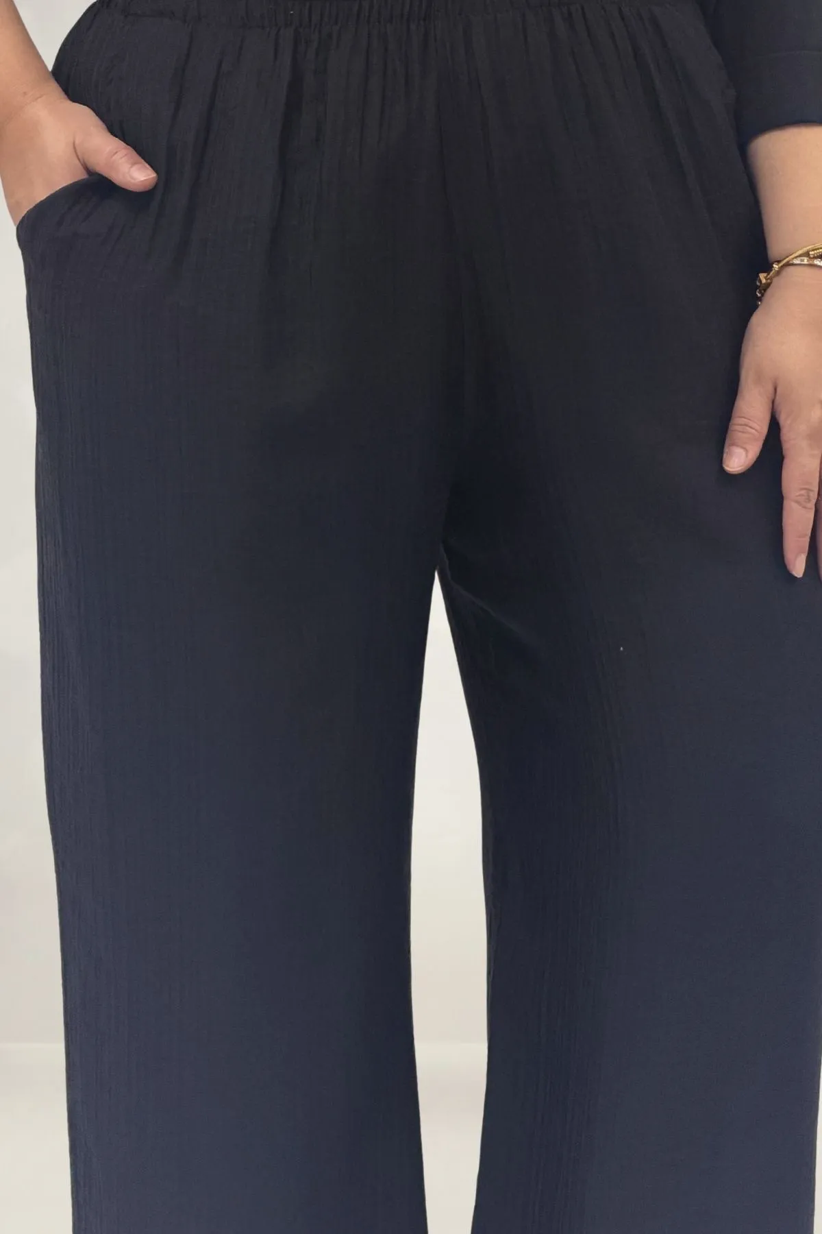 69018 Büyük Beden Beli Lastikli Cepli Bol Paça Double Tensel Pantolon - Siyah