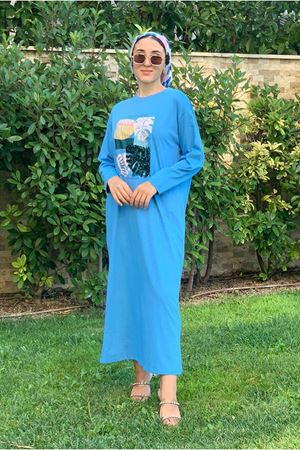 23Y3539 - MAVİ - PUL İŞLEMELİ T-SHIRT ELBİSE