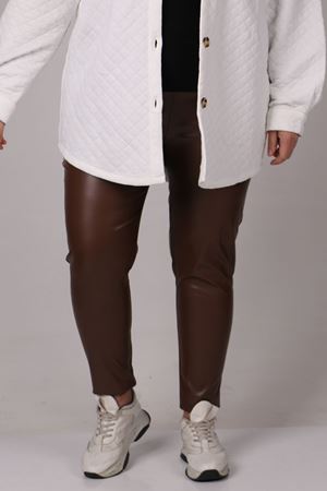 23K29508 -Çikolata - Büyük Beden Beli Lastikli Deri Tayt