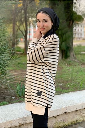24K4197 - SİYAH/BEJ - ÇİZGİLİ DÜŞÜKKOL SWEAT