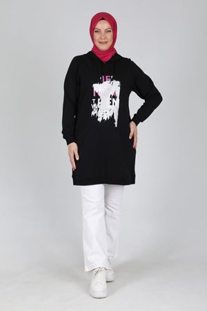 24K2033 - SİYAH - Büyük Beden Tesettür Yaldız Baskılı Spor Tunik