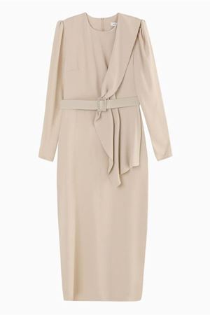 24K9275 - BEJ - PUANE TAŞLI KEMERLİ KREP ABİYE ELBİSE