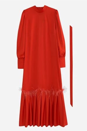 24K9282 - AÇIK KIRMIZI - PUANE ETEĞİ TÜYLÜ SATEN ABİYE  ELBİSE