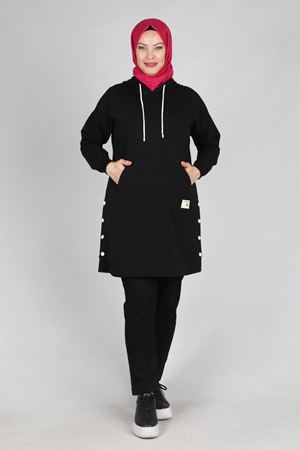 24K2040 - SİYAH - Büyük Beden Tesettür Kanguru Cepli Çıtçıt Detaylı Tunik