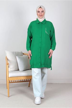 24Y2330 - BENETTON - Büyük Beden Tesettür Taş İşlemeli Keten Aerobin Tunik 