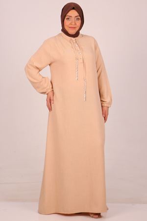 F-42010 Büyük Beden Keten Airobin Düğmeli Elbise-Bej