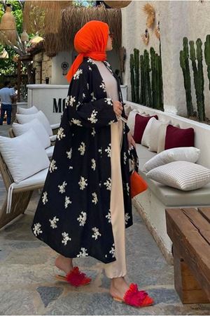 24Y5076 - SİYAH - ETNİK DESEN İŞLEMELİ KİMONO