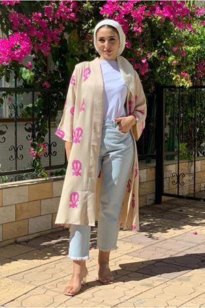 24Y5076 - BEJ PEMBE - ETNİK DESEN İŞLEMELİ KİMONO