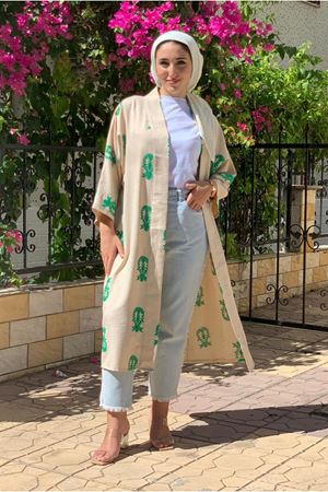 24Y5076 - BEJ/YEŞİL - ETNİK DESEN İŞLEMELİ KİMONO