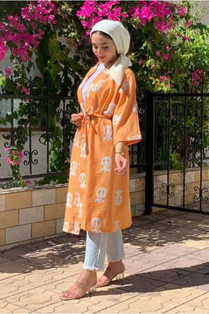 24Y5076 - TURUNCU- ETNİK DESEN İŞLEMELİ KİMONO
