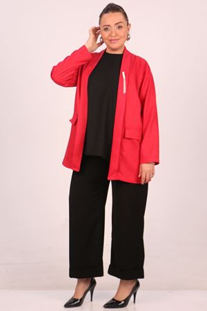F-43021 Büyük Beden Çıkabilir Broş'lu Dokuma Kumaş Kısa Ceket-Kırmızı