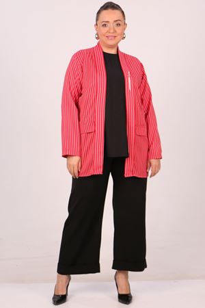 F-43021 Büyük Beden Çıkabilir Broş'lu Dokuma Kumaş Kısa Ceket-Çizgili Kırmızı