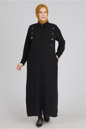 24Y28056 - SİYAH - Büyük Beden Tesettür Çıtçıt Detaylı Ferace