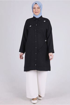 24Y2335 - SİYAH - Büyük Beden Tesettür Yakalı Tunik 