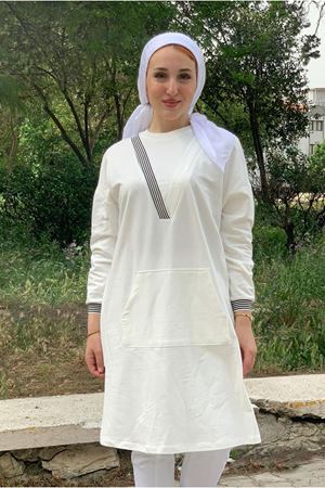 24Y4316 - EKRU - ÖNDEN CEPLİ V DETAYLI TUNİK