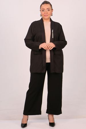 24Y43021 -Siyah -  Büyük Beden Çıkabilir Broş'lu Dokuma Kumaş Kısa Ceket