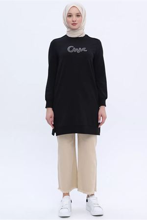 24Y4366 - SİYAH  - BÜYÜK BEDEN NAKIŞLI SWEAT