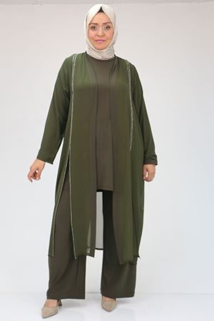 F-47307 Büyük Beden Taş Baskılı Üçlü Takım - Haki