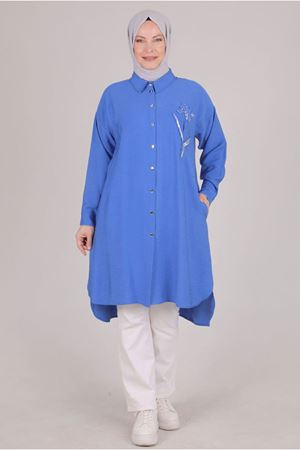 24Y23025 - ÇİVİT MAVİ - Büyük Beden Tesettür Nakış İşlemeli Tunik