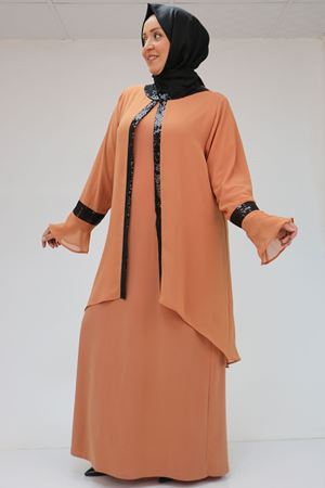 F-32015 Büyük Beden Pul Payet Detaylı Sandy-Şifon Elbise - Somon