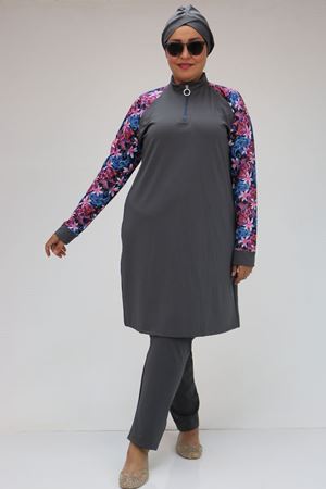 1732 Büyük Beden Balıkçı Yaka Fermuarlı Tesettür Mayo - Pembe Gri