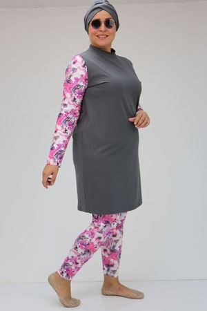 F-1729 Büyük Beden Uzunkol Tesettür Mayo Takım - Pembe - Gri