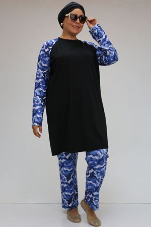 F-1729 Büyük Beden  Uzunkol Tesettür Mayo Takım - Mavi Dalgalı