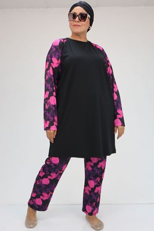 F-1729 Büyük Beden  Uzunkol Tesettür Mayo Takım - Fuşya Çiçekli