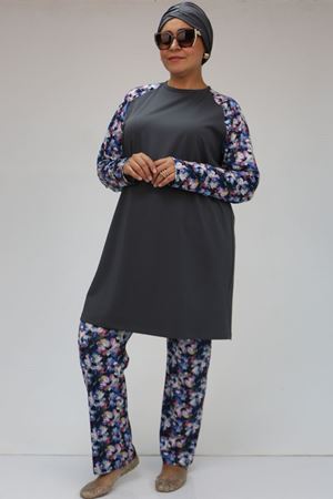 F-1729 Büyük Beden  Uzunkol Tesettür Mayo Takım - Gül Çiçekli