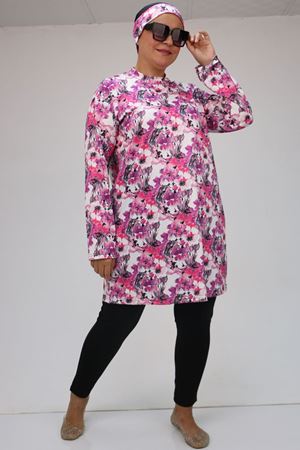 1727 Büyük Beden  Uzunkol Tesettür Mayo Takım - Pembe - Gri