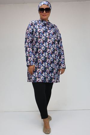 1727 Büyük Beden  Uzunkol Tesettür Mayo Takım - Gül Çiçekli