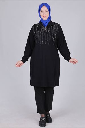 25K20103 - SİYAH - Büyük Beden Tesettür Taşlı Tunik 