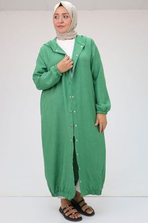 F-43051 Büyük Beden Arkası Pat Detaylı Keten Kap - Yeşil