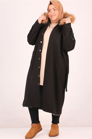 25K33089 - SİYAH - Büyük Beden Çıtçıtlı Kaşe Kaban