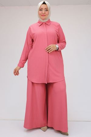 47073 Büyük Beden Bürümcük Pantolonlu Takım - Gül Kurusu