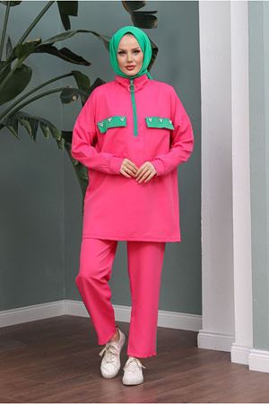 25K3093 - YEŞİL-PEMBE - TAŞLI CEPLİ TAKIM