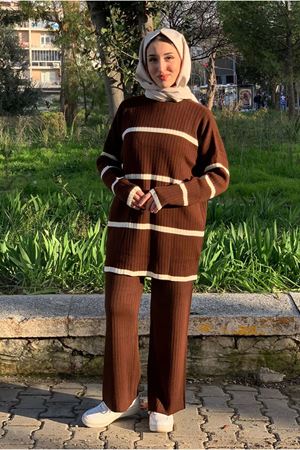 25K3297 - KAHVE - ÇİZGİLİ TRİKO TAKIM