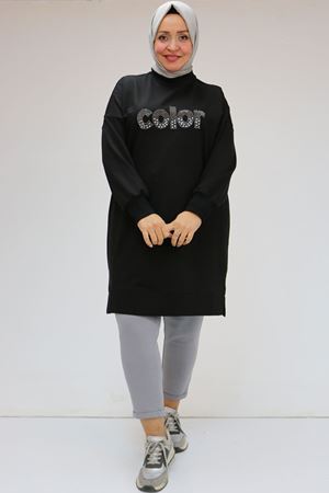 25K48085  - Siyah - Büyük Beden Taş Detaylı  İki İplik Tunik