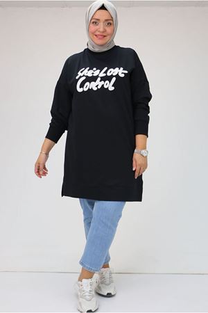 25K48080 - LACİVERT - Büyük Beden Kabartma Baskılı İki İplik Tunik 