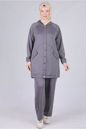25K3537 - FÜME - Büyük Beden Tesettür Modal Kumaş Pantolonlu Takım