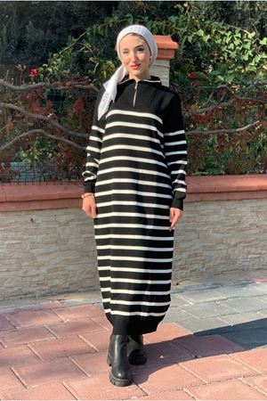 25K9240 - SİYAH - YARI FERMUARLI TRİKO ELBİSE