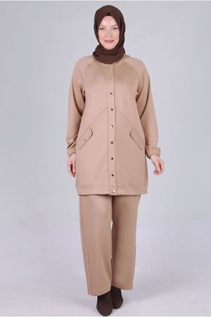 25K3537 - VİZON - Büyük Beden Tesettür Modal Kumaş Pantolonlu Takım