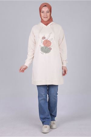 25K2054 - VANİLYA - Büyük Beden Tesettür Baskılı Tunik
