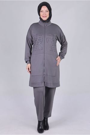 25K3536 - FÜME - Büyük Beden Tesettür Modal Kumaş Pantolonlu Takım