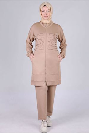 25K3536 - VİZON - Büyük Beden Tesettür Modal Kumaş Pantolonlu Takım