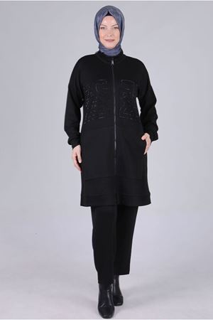 25K3536 - SİYAH - Büyük Beden Tesettür Modal Kumaş Pantolonlu Takım