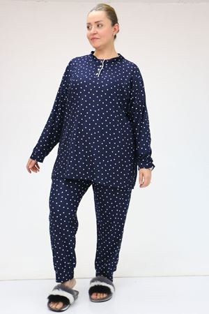 F-47812 Büyük Beden Yarım Pat Düğmeli Micro Süet Pijama Takımı - Lacivert