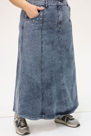 45007-1 Büyük Beden Parçalı Taş Detaylı Kot Etek - Mavi