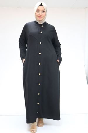 F-56001 Büyük Beden Boydan Düğmeli Melanj Ferace - Siyah